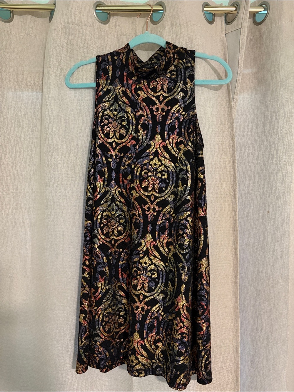 Cherish Black Mini Dress with Gold and Multi-Color Metallic Pattern